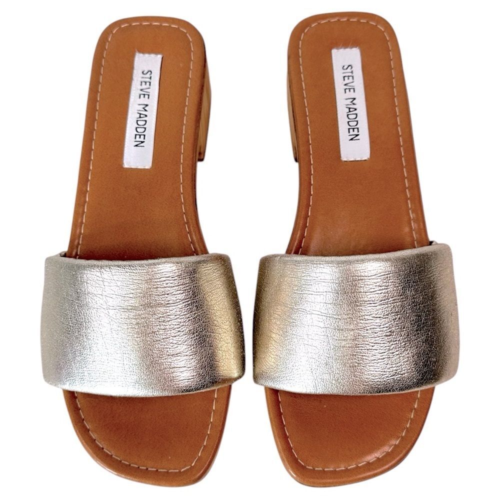 Steve Madden Belong Metallic Gold Slide Sandals Block Heel Size 39 Euro Summer